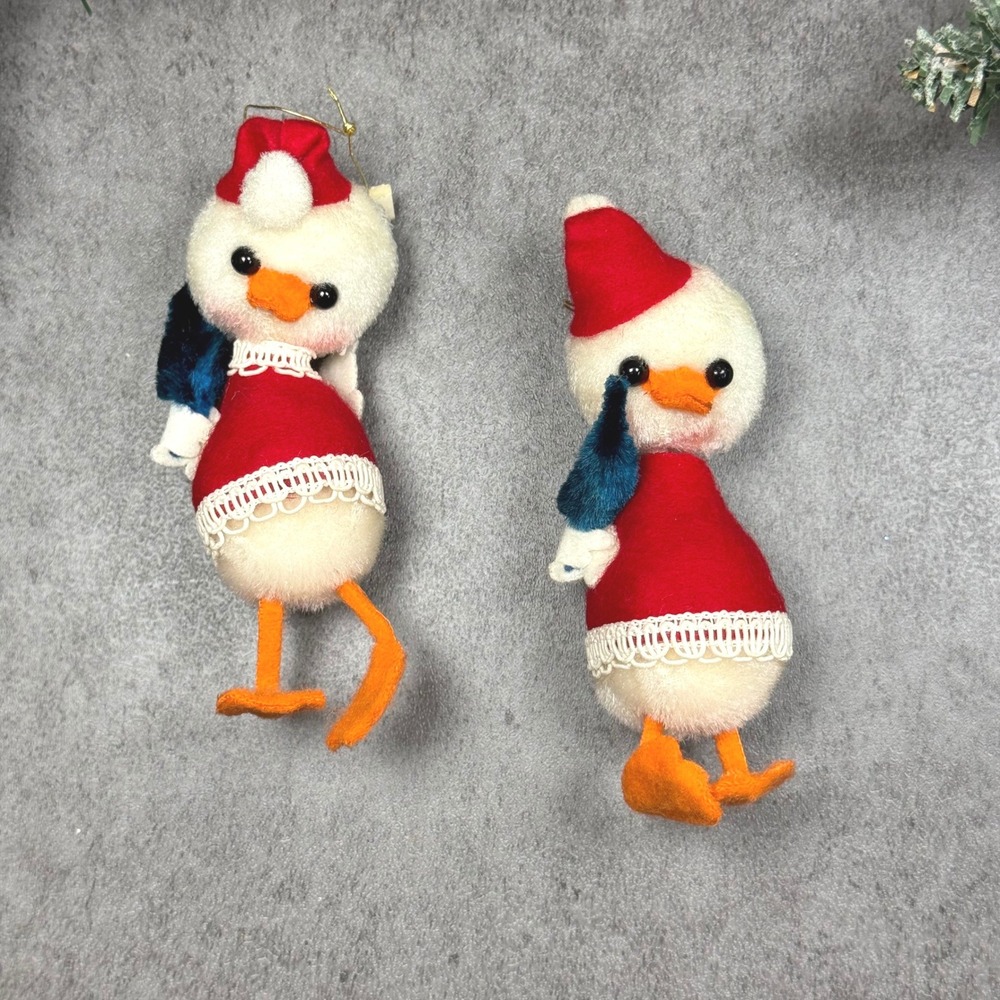 Vintage Flocked Duck Christmas Ornaments set of 2 Made in Japan